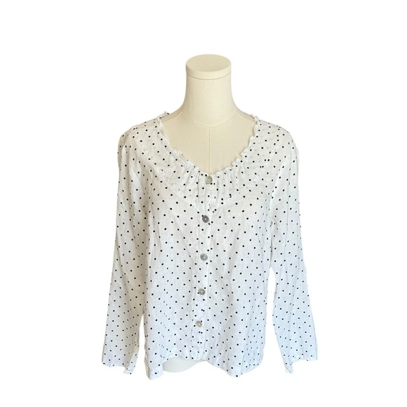 Flax - White Polka Dot Linen Blouse Top Sz S - Picture 1 of 7
